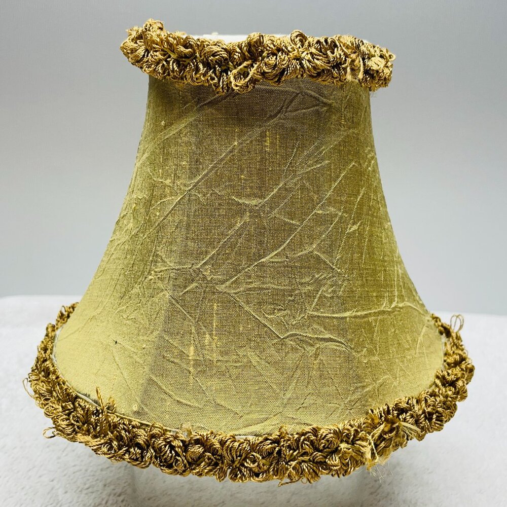 VGUC Vintage Clip-On Lamp Shade, Gold Crinkle Silk, Trim,  5 1/2" T x 6" D, 1of2